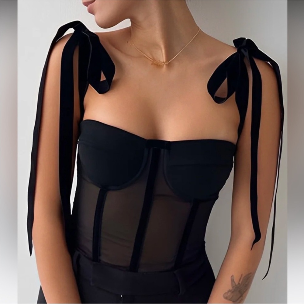 Black Tie-Shoulder Mesh Bustier Tank Top by